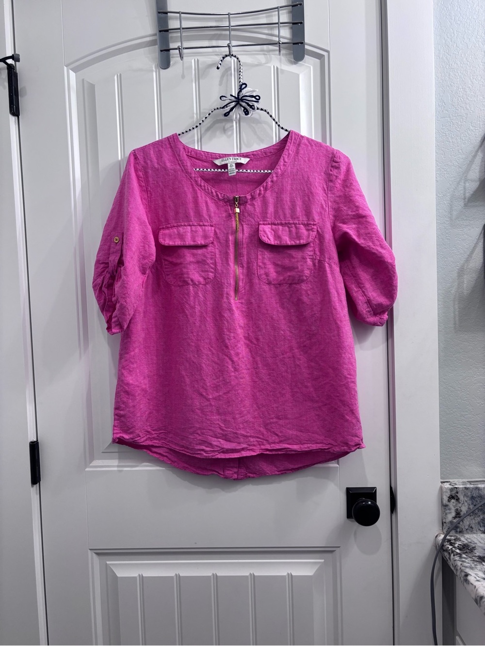 Ellen Tracy Pink Half-Zip Linen Blouse